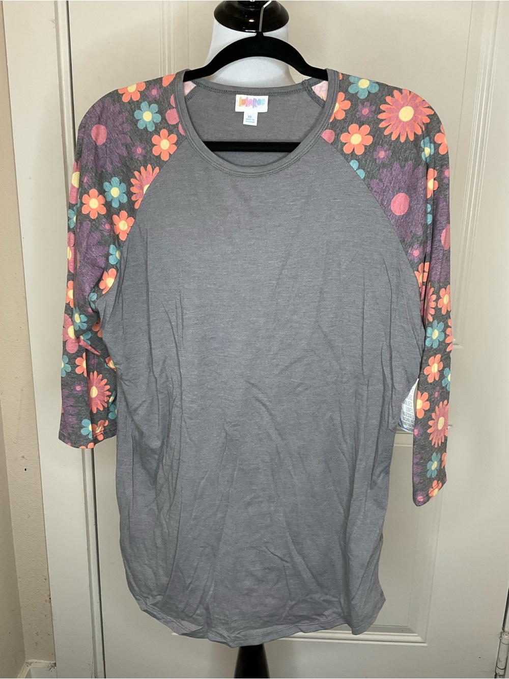 LuLaRoe Randy Gray Baseball Tee with Floral Raglan Sleeves XL